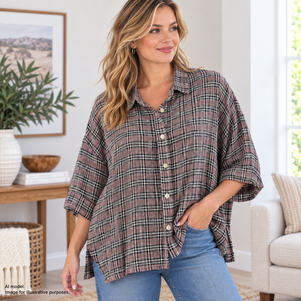 CP Shades Shirt Women XS Purple Black Plaid Oversize Button Boxy Top Linen Blend